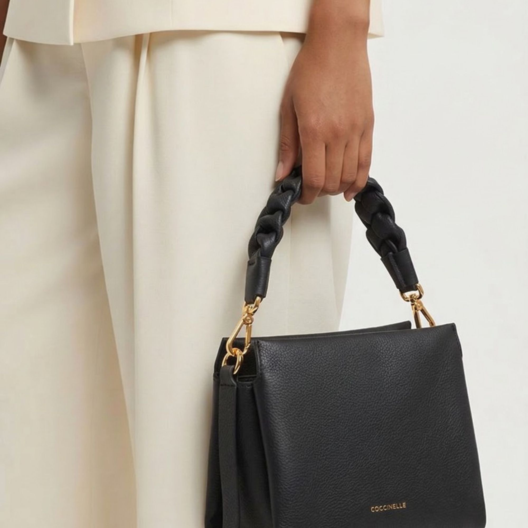 Coccinelle Braided Handle Leather Crossbody Bag – Black