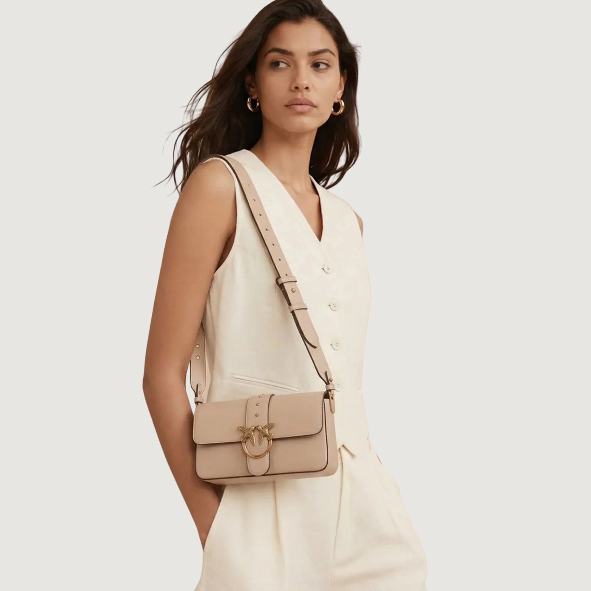 Pinko beige leather crossbody bag for women