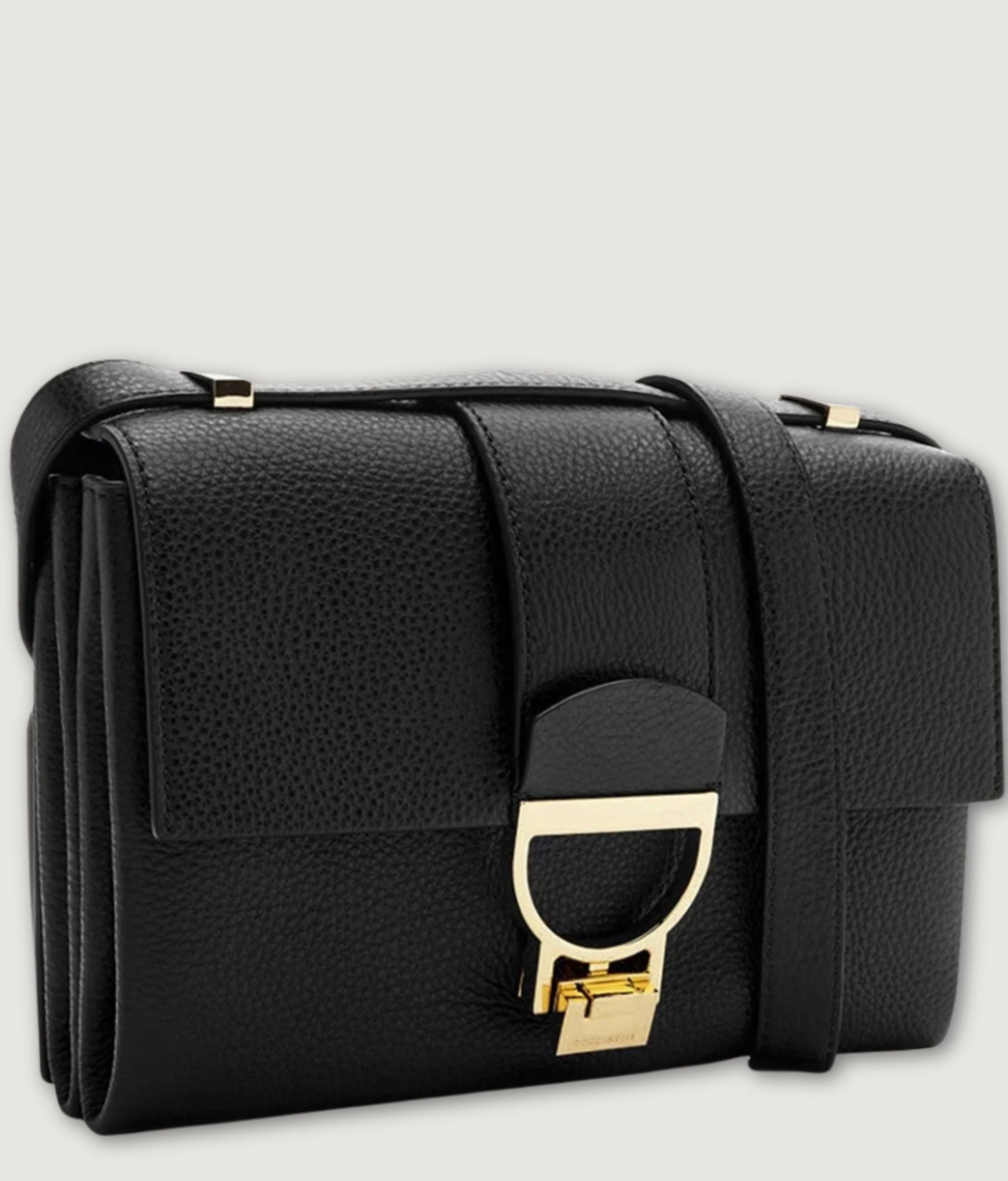 Coccinelle Arlettis Black Leather Crossbody Bag|შავი ტყავის მხარზე გადასაკიდი ჩანთა