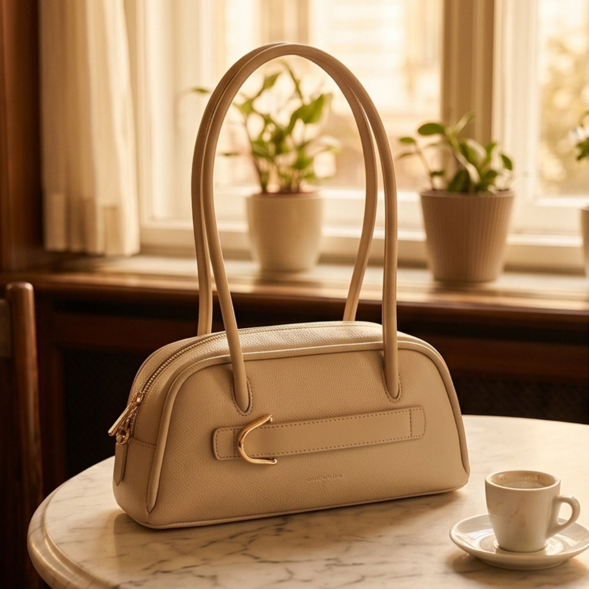 Coccinelle Lepaki Beige Grained Leather Shoulder Bag